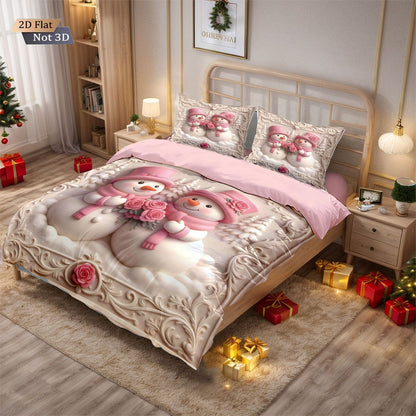 3pcs imitation relief pink Christmas snowman print coreless bedding set, multi size bedroom bedding decoration, machine washable