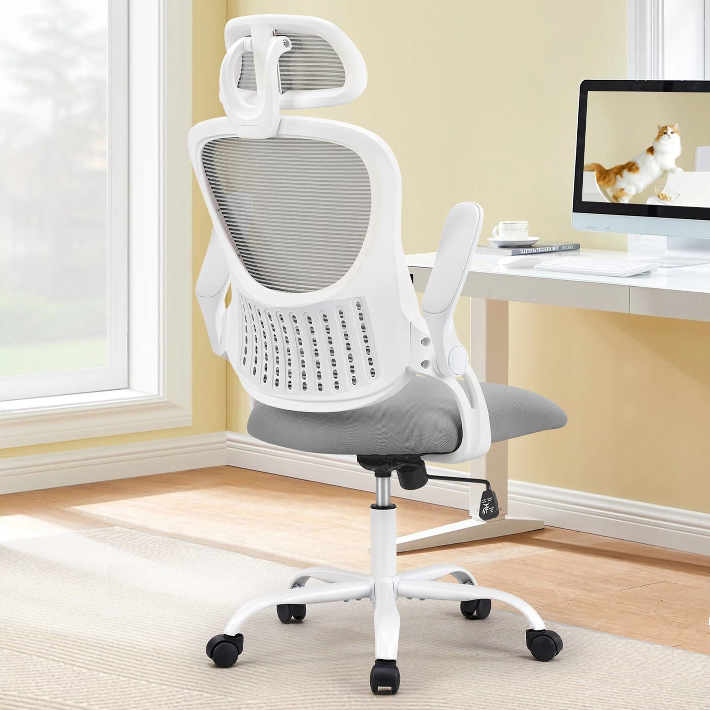 Cadeira de Escritório Ergonômica de Malha JHK com Braços Articulados, Apoio de Cabeça Ajustável e Suporte Lombar Confortável para Escritório Doméstico