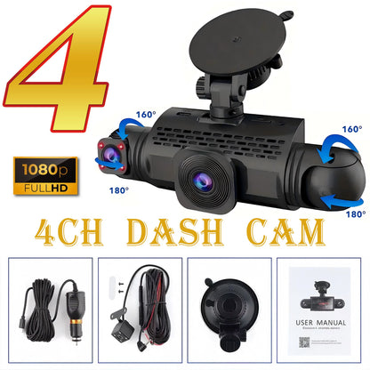 Câmera Veicular Filmadora 4 Canais Caixa Preta FHD 1080P Dianteira Esquerda Direita Traseira Visão Noturna Gravação em Loop adicionar Kit Hardwire