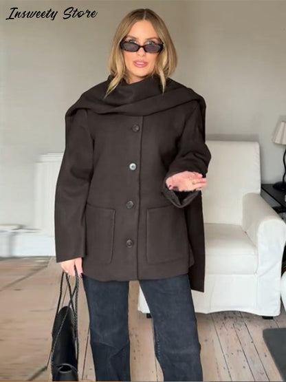 Fashion British Style Trench Coat with Detachable Scarf Women's Single Breasted Long Sleeve Jacket 2025 Winter Classic Outerwear