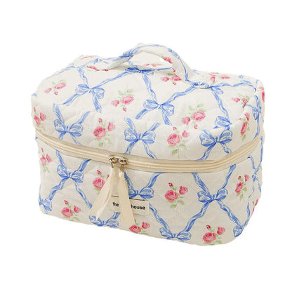 Cute Bow Flower Cloth Handbag Quilting Cotton Makeup Bag Women Zipper Cosmetic Organizer Portable Toiletry Case for Girls