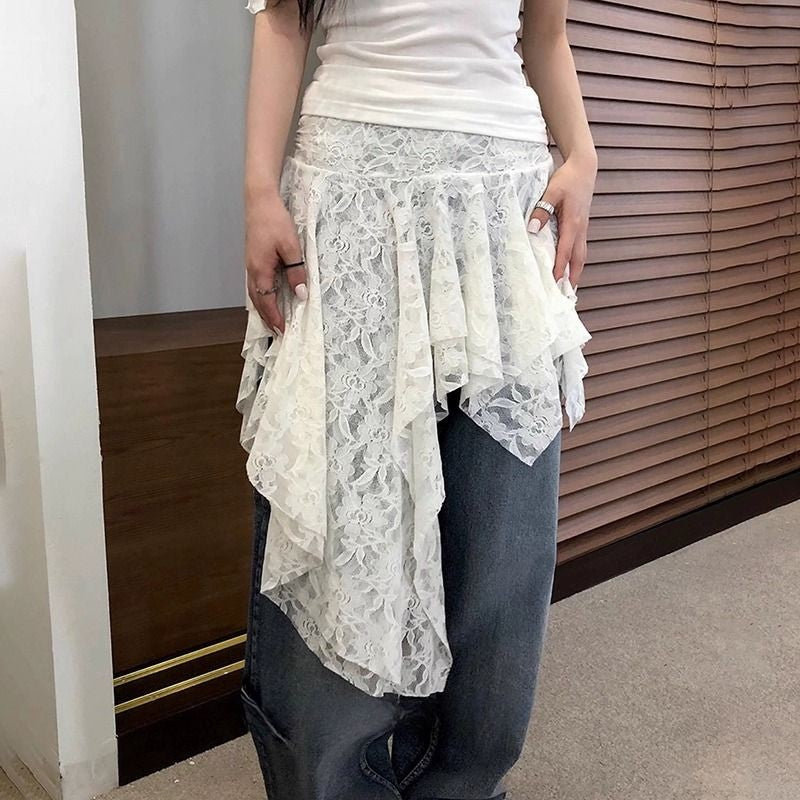 French Style Layered Lace Midi Skirt with Asymmetric Hem White Elegant Semi Formal Women Skirt Unique Design