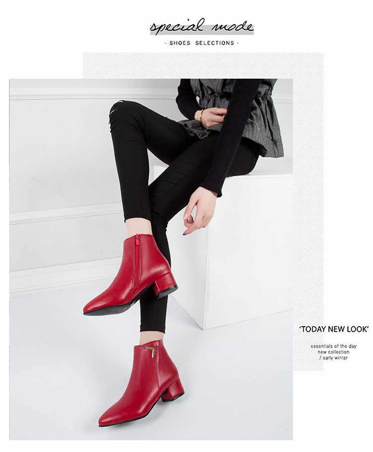 2025 New Autumn and Winter New Ankle Boots Thick Heel Pointed Toe Women Short Boots Fashion Leather Slim Boots Women Size42 Q233