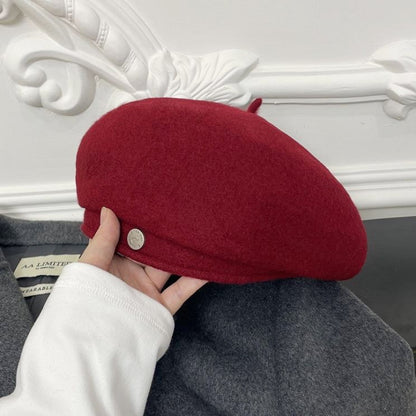 Women French Art Retro Wool Felt Autumn Solid Colors Warm Winter Beanie Hat Beret Cap For Female