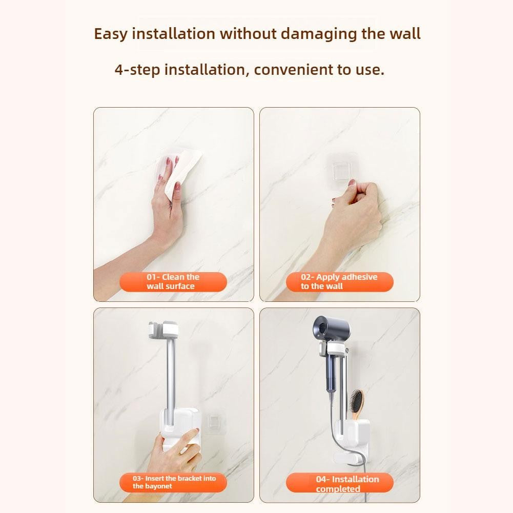 Suporte de Secador de Cabelo Ajustável em Ângulo, Sem Furo, Fixado na Parede, Suporte para Secador de Cabelo para Banheiro, Prateleira de Armazenamento para Mãos Livres