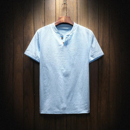 Men's Summer Loose-fit Short Sleeve Linen T-shirt Cotton Linen Body Solid Color Breathable V-neck Thin Top