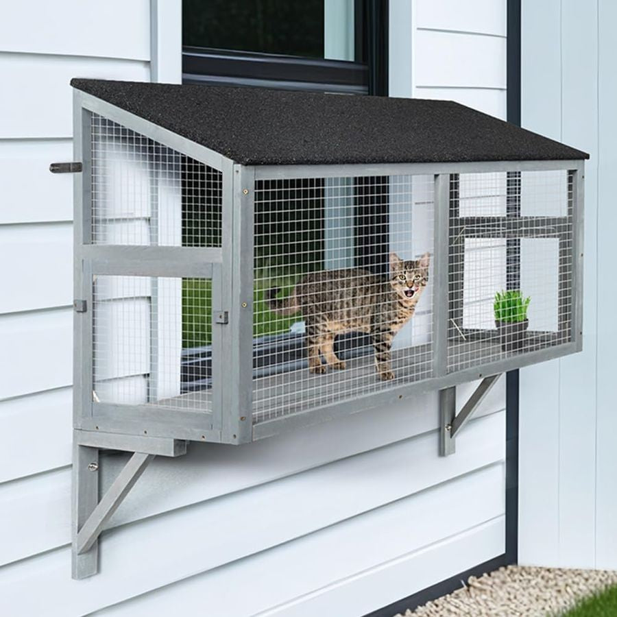 Catio para Gatos, Caixa de Janela para Gatos Internos, Casa de Poleiro de Madeira, Expansível para Vários Gatinhos, Seguro e Confortável para Uso Externo