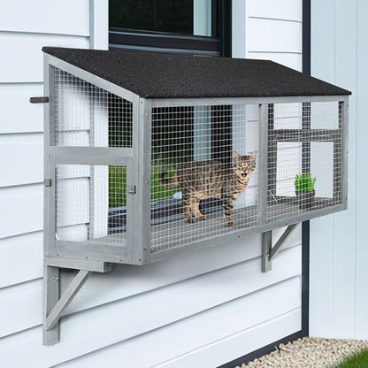 Catio para Gatos, Caixa de Janela para Gatos Internos, Casa de Poleiro de Madeira, Expansível para Vários Gatinhos, Seguro e Confortável para Uso Externo