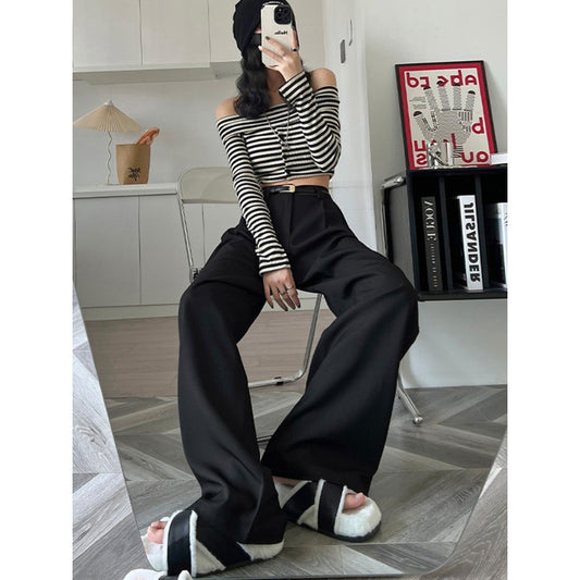 2024 Fall Winter Elegant Gray Suits Pants for Women Office Lady High Waist Wide Leg Fashion Trousers with Pockets Black Pants