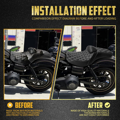 Assento de motocicleta para motorista e passageiro com encosto, almofadas de couro, assento de piloto para Harley Dyna Low Rider Fat Bob FLD 06-2017