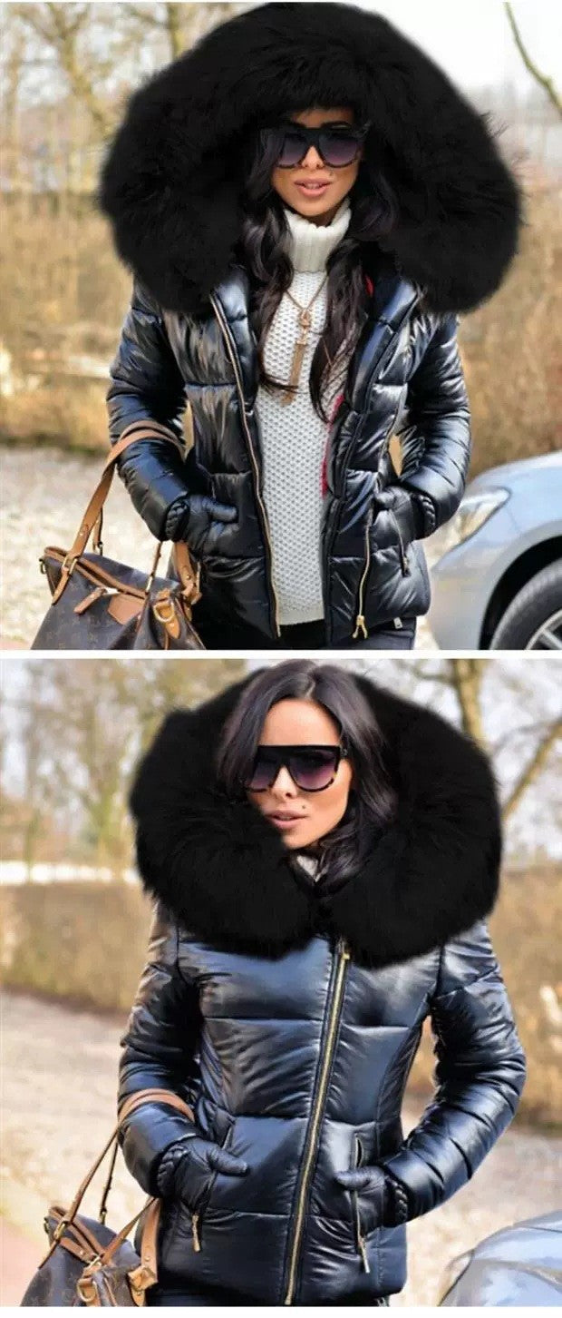 Women’s Short Coat with Fur Collar Winter Warm Quilted Jacket Outerwear