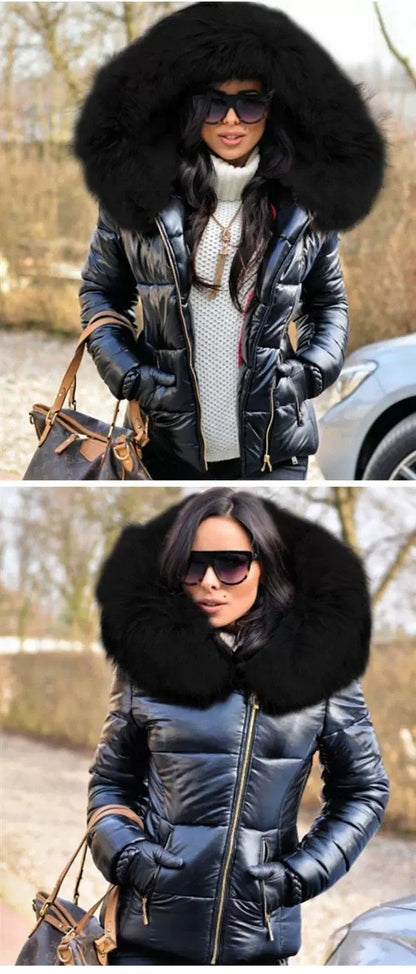 Women’s Short Coat with Fur Collar Winter Warm Quilted Jacket Outerwear