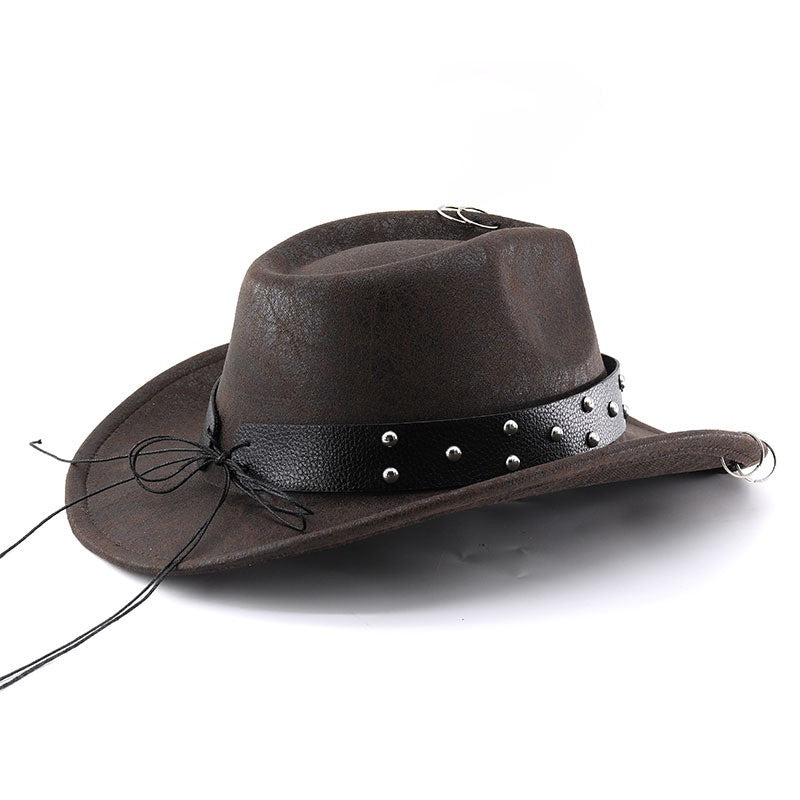 Unisex PU Leather Cowboy Hat - Western Style Panama Skull Belt for Party, Studded Metal Skeleton Festival Accessory