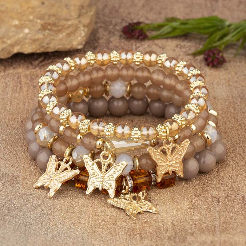 Conjunto de Pulseiras Femininas Boho com 4 Peças, Borboleta, Cristais e Miçangas, Joias da Moda, Presente para Festas