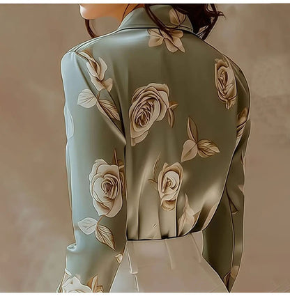 Fashion Flower Print Shirts For Women 2025 Autumn Winter Long Sleeve Turn-down Collar Loose Blouses Tops Elegant