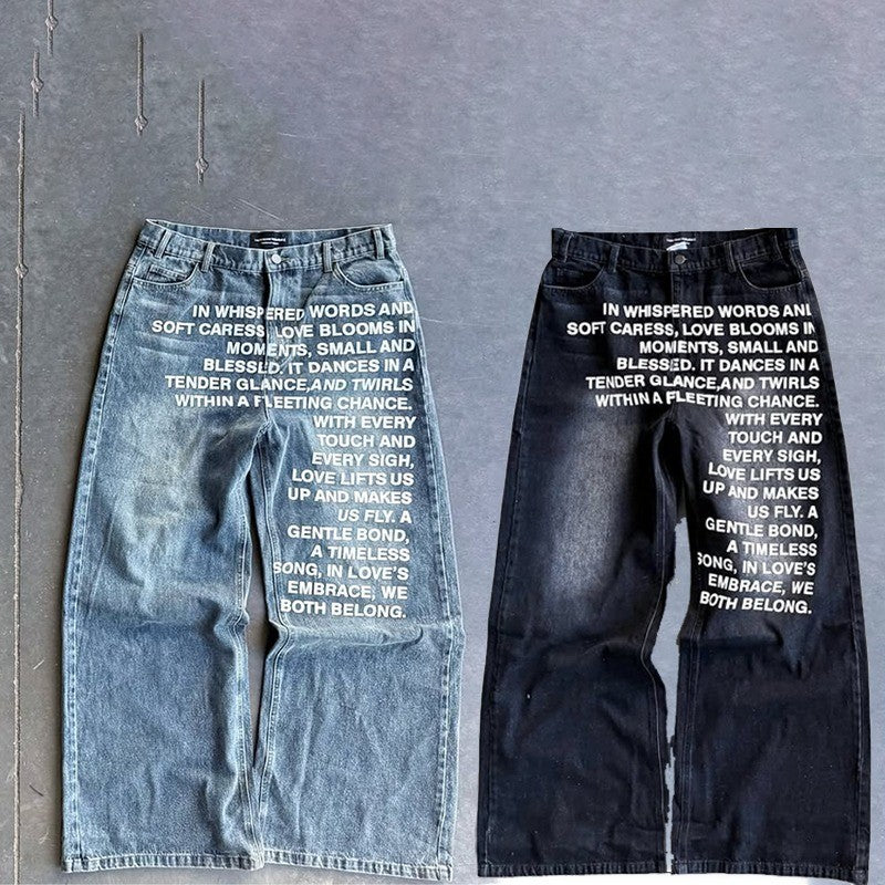 Y2K men Jeans vintage American Pattern letter jeans streetwear gothic Harajuku Hip Hop men women Fashion Casual wide leg jeans