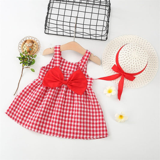 2Pcs/Set Baby Girl Plaid Sweet Bow Summer Birthday Party Dress Toddler Kids Outfits 0 To 3 Years Children Clothes Suit + Hat