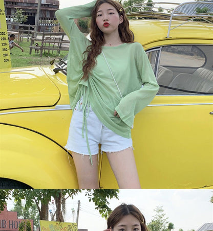 Women's 2025 Women's Summer New Beach Long sleeved Sunscreen Jacket Loose Hoodie Drawstring Upward Shirt