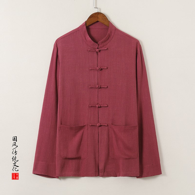 Chinese-style Men's Black Long-sleeve Shirt, Cotton-linen Blend Stand-up Collar Shirts, Available in Burgundy, Beige, and Gray.
