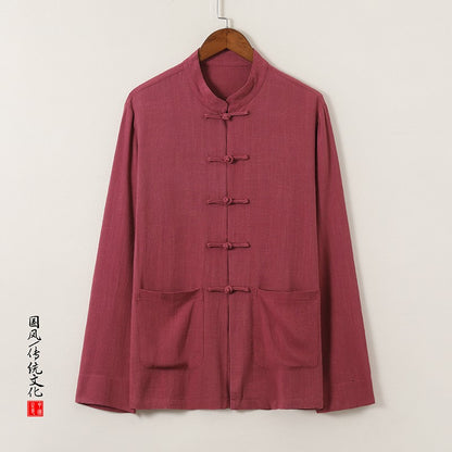 Chinese-style Men's Black Long-sleeve Shirt, Cotton-linen Blend Stand-up Collar Shirts, Available in Burgundy, Beige, and Gray.