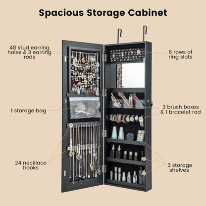 LED Mirror Jewelry Cabinet, 47.2'' Jewelry Armoire with Adjustable Lighted Full Length Mirror, Wall Mounted or Door Hanging, Lo