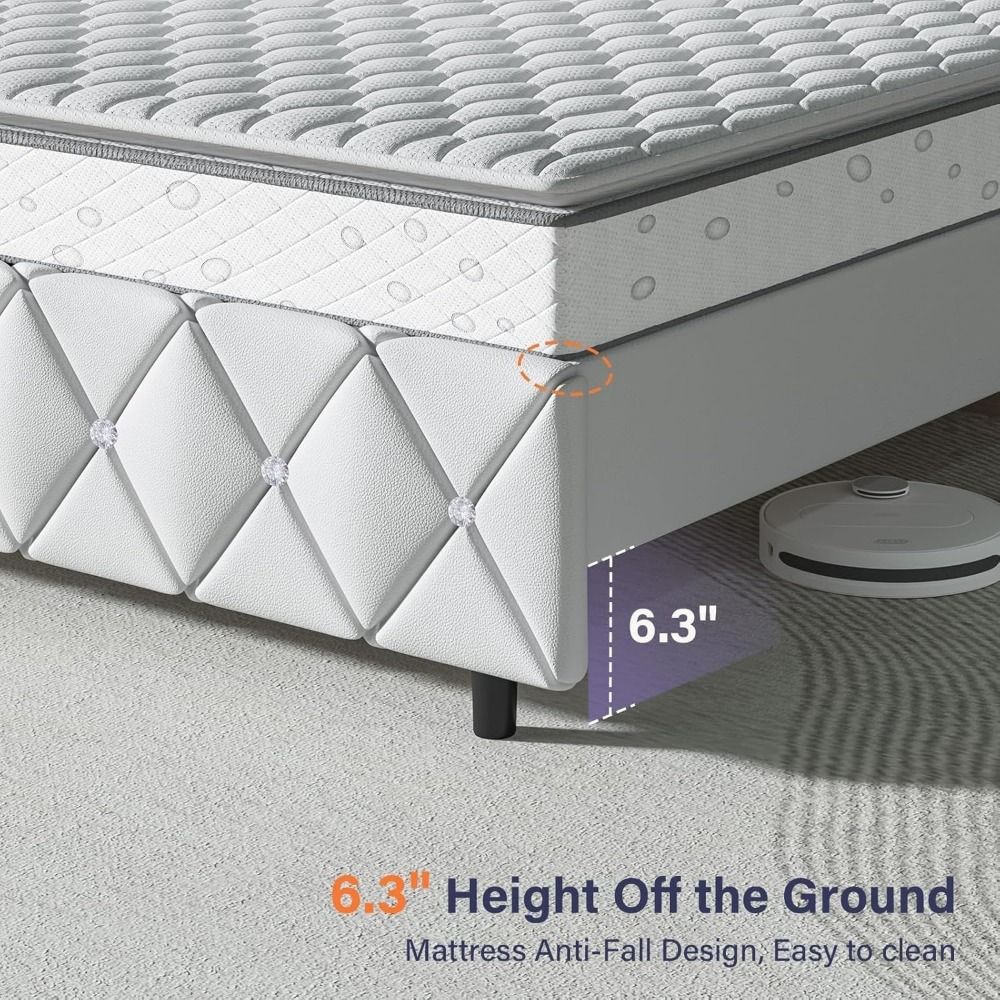 Cama King Size com Estrutura e Cabeceira Diamante, Plataforma Estofada em Couro Sintético, Base para Colchão, Não Requer Box Spring,