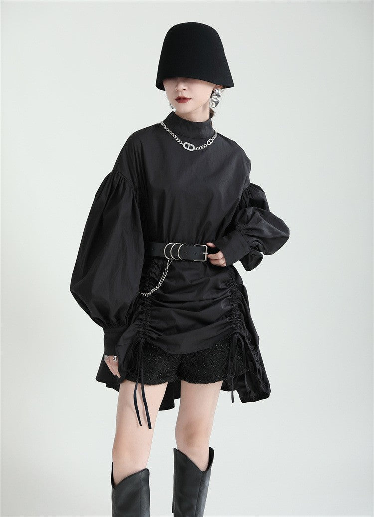 2025 Women Irregular Drawstring Big Size White Blouse New Stand Collar Long Sleeve Shirt Fashion Tide Spring Autumn