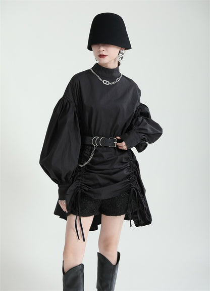 2025 Women Irregular Drawstring Big Size White Blouse New Stand Collar Long Sleeve Shirt Fashion Tide Spring Autumn