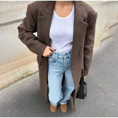 Women Shoulder Pad Wool Long Coats Fashion Lapel Single-breasted Long Sleeve Coat Chic 2025 Autumn Lady Commute Street Outerwear