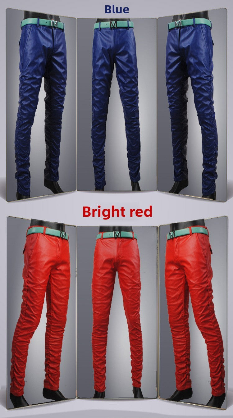 Men's Slim Fit Leather Pants Motorcycle Trendy Sle Long Trousers Thiened PU Fabric Summer Season Faionable Biker Pants