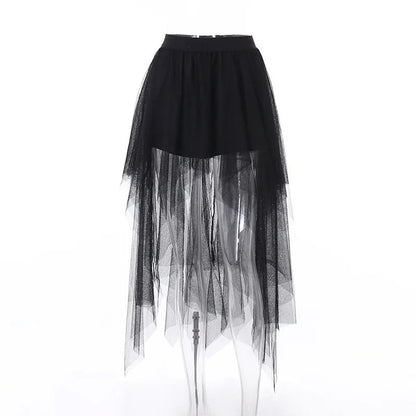 Sexy Net Yarn High-Waisted Irregular Skirt for Women Summer New European and Ame