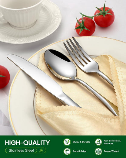 Conjunto de talheres de 48 peças com facas de carne para 8 pessoas, talheres de aço inoxidável espelhado, conjunto de utensílios laváveis na máquina de lavar louça