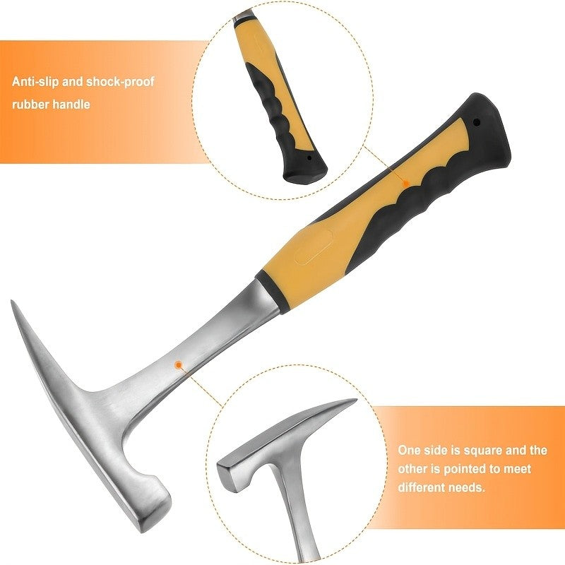 1 martelo de geólogo de aço de alto carbono, martelo de garra de geologia todo em aço com cabo de borracha antiderrapante, acabamento escovado