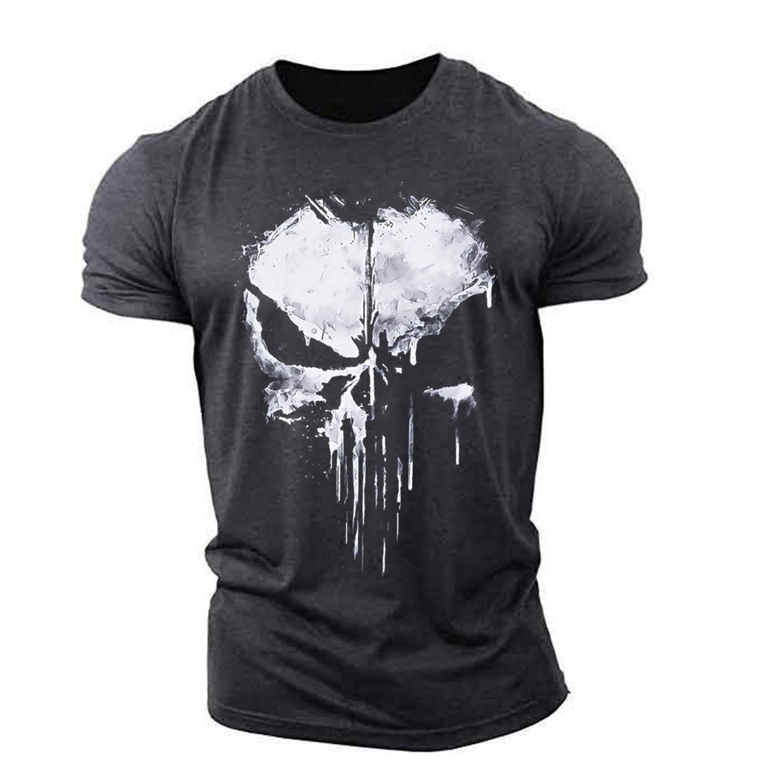 Oversized Harajuku Skull Print T-Shirt Summer Muscle Men's Sports Personality Short Sleeve Outdoor Stretch Quick Dry O-Neck Top