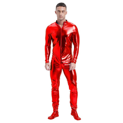 Men's Shiny Metallic Zentai Dress-up Jumpsuit Cosplay Costume Performance Stage Disco Clubwear Full Body Unitard Tights Leotard