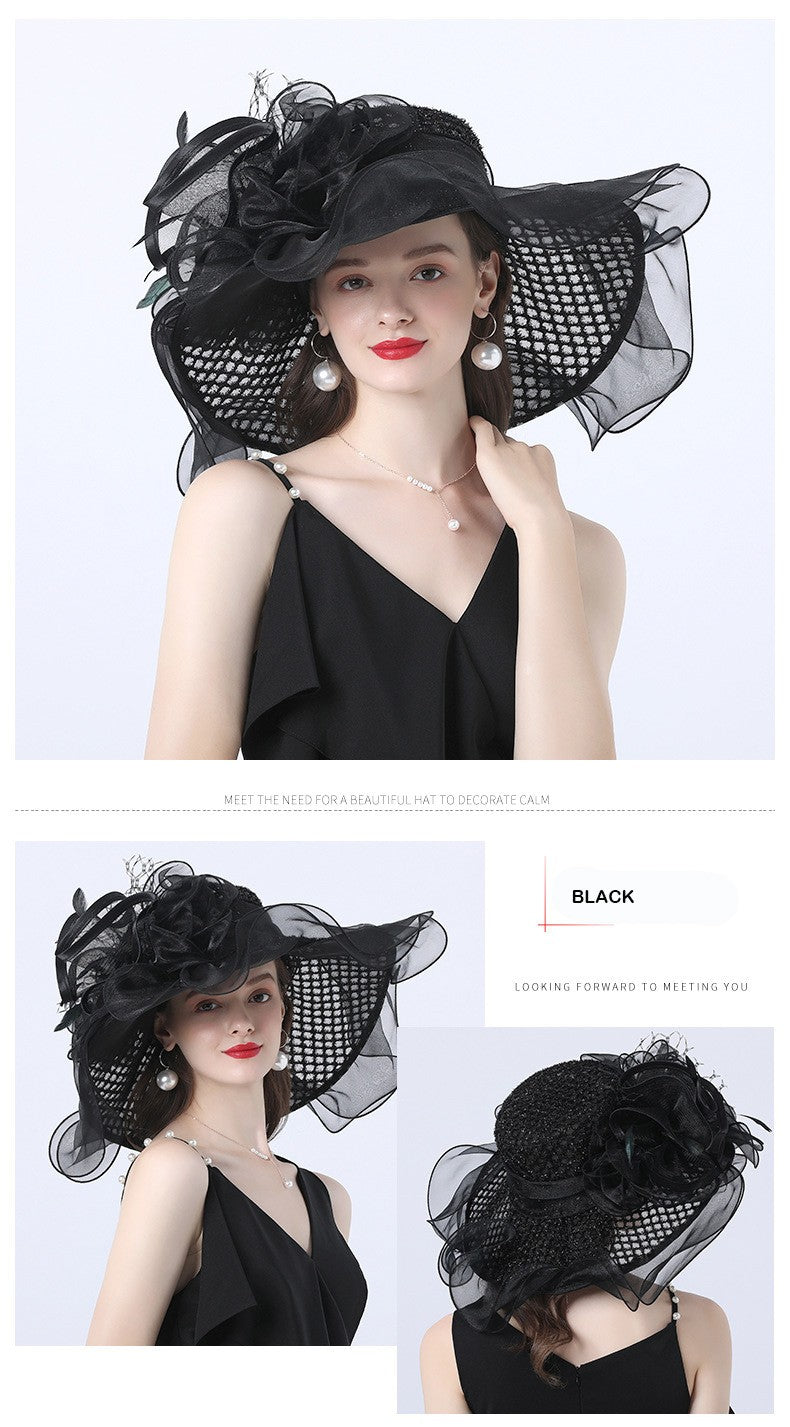 FS Mulheres Organza Vermelha Chapéus Casamento Fascinadores Elegante Grande Aba Larga Fedora Kentucky Derby Chapéus Festa Formal Igreja Chapéu Feminino
