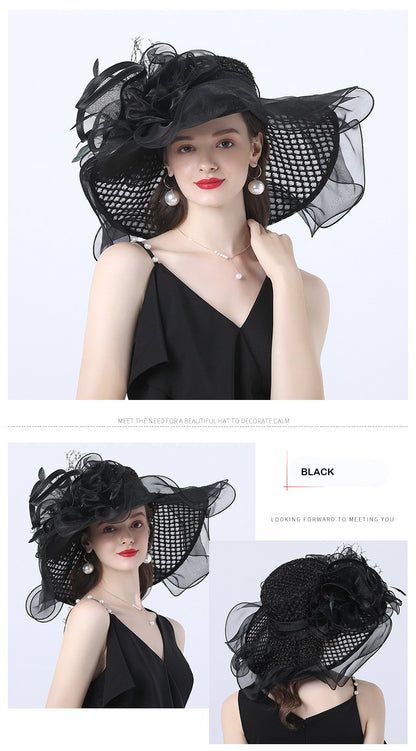FS Mulheres Organza Vermelha Chapéus Casamento Fascinadores Elegante Grande Aba Larga Fedora Kentucky Derby Chapéus Festa Formal Igreja Chapéu Feminino