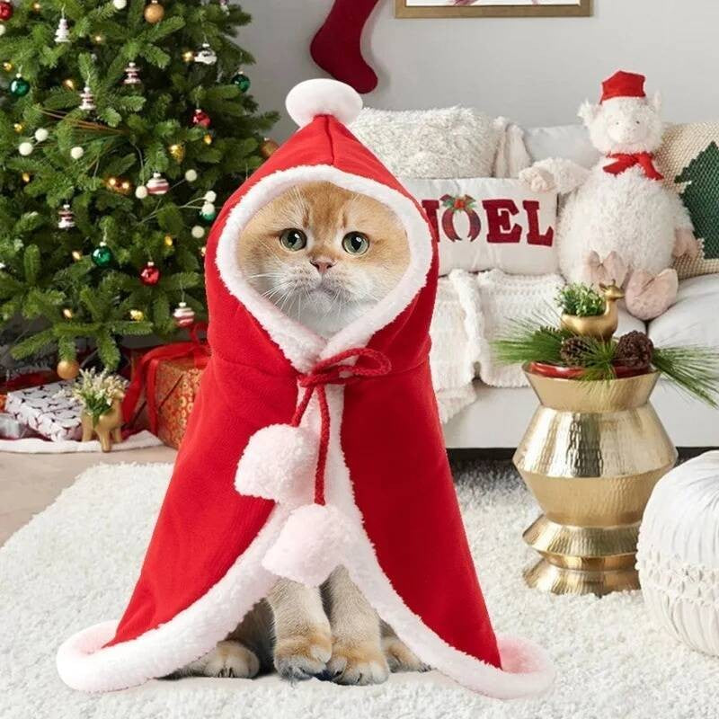 Fantasia de Natal para Gato Papai Noel Cosplay Engraçado Transforma Gato Cachorro de Estimação Capa de Natal Roupa de Inverno para Vestir Cachecol Vermelho Manto Adereços Decoração
