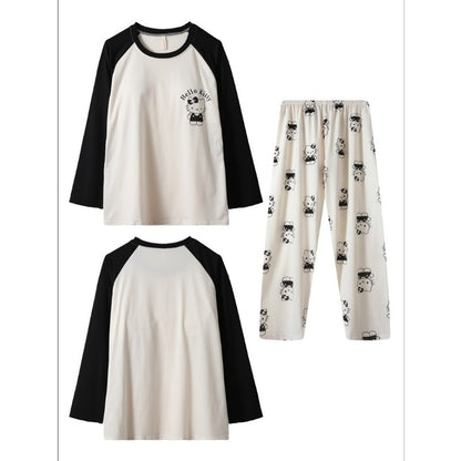 Cartoon HelloKitty Print 2PCS Set Women's Sleepwear with Chest Pad Plus Size Pyjamas Loungewear Crew Neck Loose Pajamas Homewear