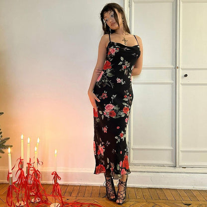 Flowers Print Spaghetti Strap Dresses Women Temperament Package Hip Bodycon Long