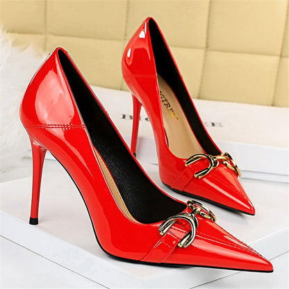 Luxury Design Women 10cm High Heels Metal Buckle Green Pumps Lady Plus Size Wedding Stiletto Heels Party Nude Replica Prom Shoes