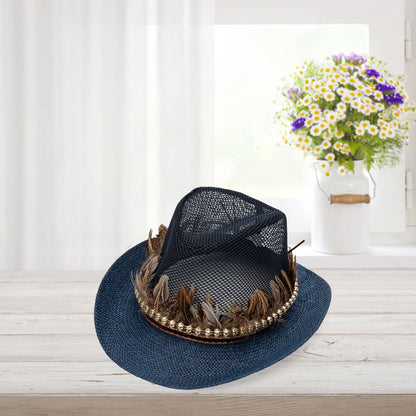 Vintage Style Women Men Feather Hat Elegant Mesh Wide Brim Sun Hat for Casual Party and Outdoor Events