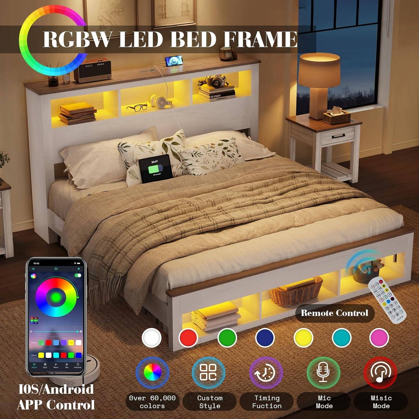 Estrutura de Cama Queen Size de Fazenda com Cabeceira e Peseira de Estante com Armazenamento, Estrutura de Cama Plataforma de Madeira com Armazenamento e Madeira