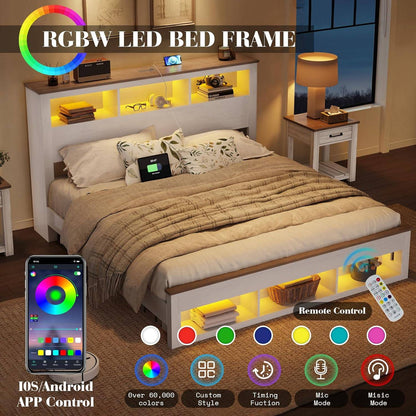 Estrutura de Cama Queen Size de Fazenda com Cabeceira e Peseira de Estante com Armazenamento, Estrutura de Cama Plataforma de Madeira com Armazenamento e Madeira