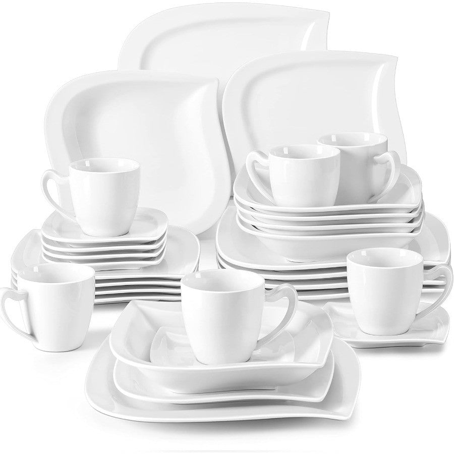 Conjuntos de Louça de 30 Peças, Pratos e Tigelas Brancos Marfim para 6 Pessoas, Conjunto de Louça de Porcelana com Jogo de Pratos Rasos, Kit de Xícaras e Pires, Cozinh