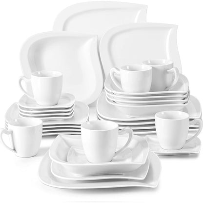 Conjuntos de Louça de 30 Peças, Pratos e Tigelas Brancos Marfim para 6 Pessoas, Conjunto de Louça de Porcelana com Jogo de Pratos Rasos, Kit de Xícaras e Pires, Cozinh
