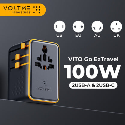 Adaptador de Viagem Universal VOLTME PD 100W USB C Duplo + USB-A com Tomada AC Carregador de Celular Carregador PD para iPhone 16 15 Xiaomi