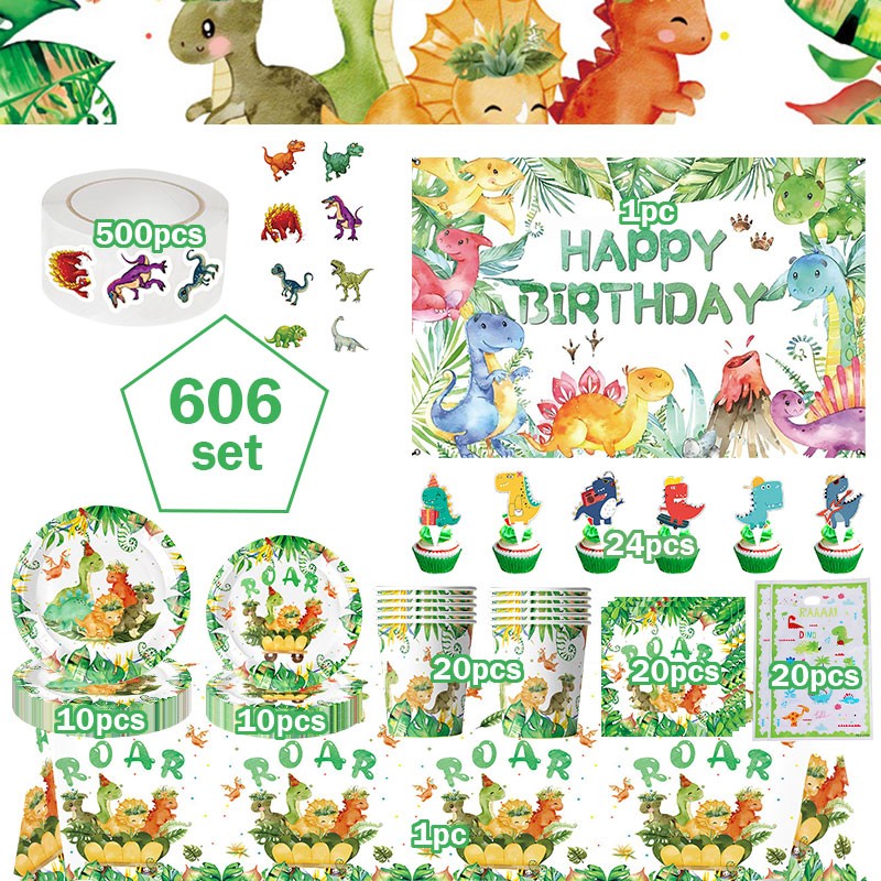 Happy Dinosaur Birthday Decoration Party Supplies Set Cup Plate Dinosaur Balloons Stickers Banner Gift Bags for Kids Boy Favors