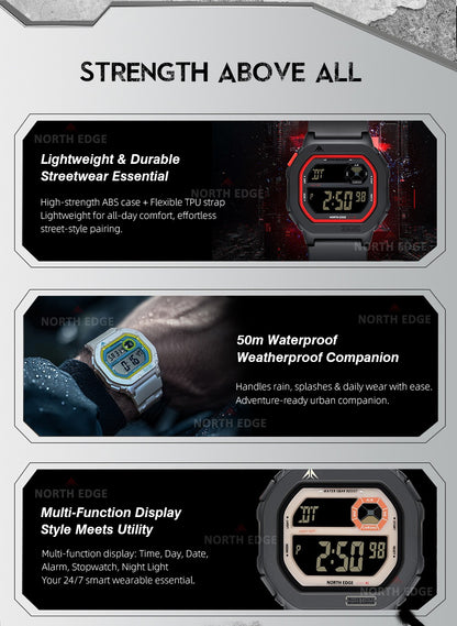 NORTH EDGE X1 Square Screen Digital Watch 2025 Men Women Sportswatch Waterproof 50M Stopwatch Countdown Alarm Clock Reloj Hombre