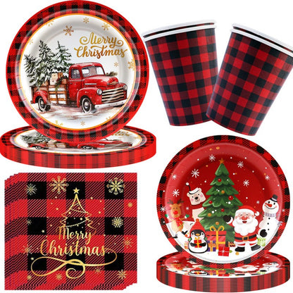 Christmas Theme Party Tableware Red Plaid Christmas Car Disposable Tableware Set Paper Plate Party Decoration Supplies